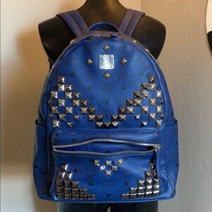 MCM Dark Blue Gray Silver Studs Large Backpack Bag